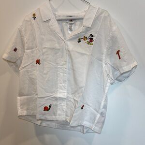 White Short Sleeve Shirt with Embroidered Cartoon Design